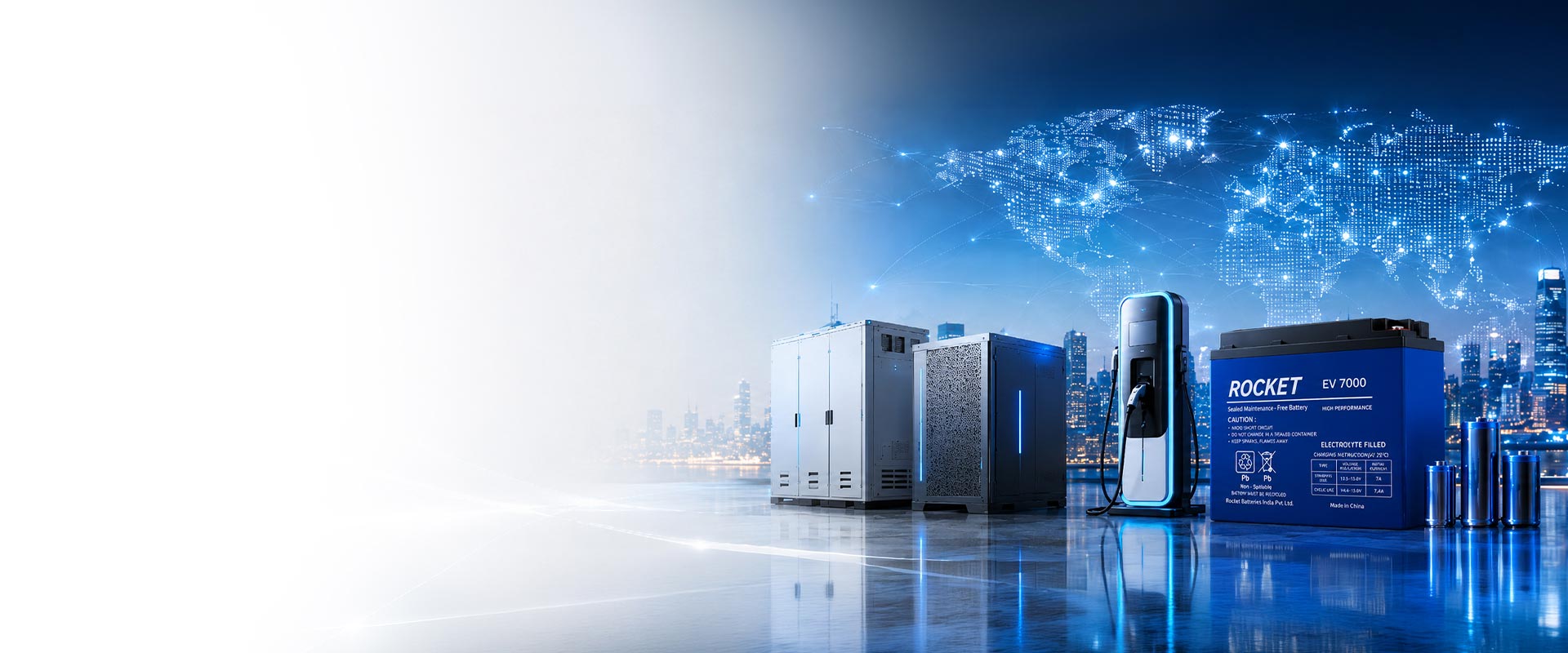 Rocket EV 7000 battery, energy storage cabinets and an EV charger against a connected world map