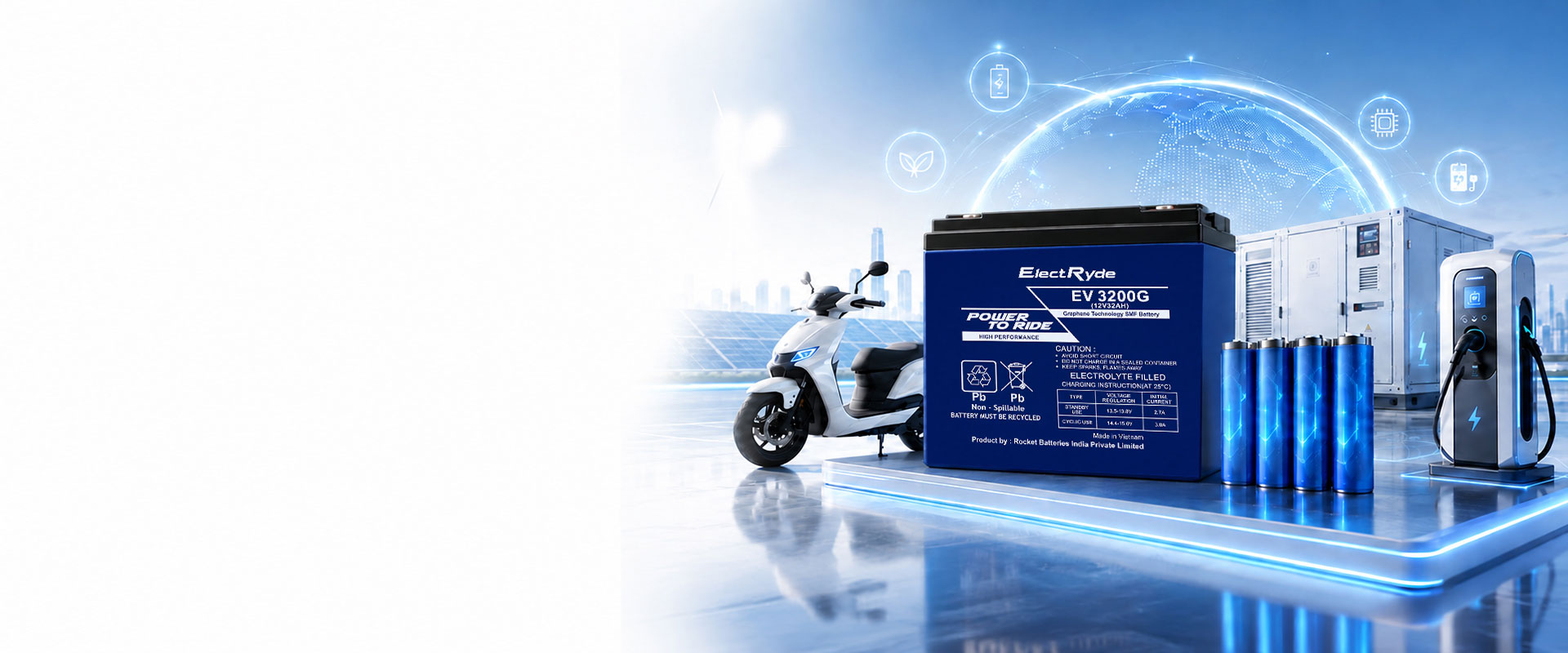 Rocket EV 7000 battery alongside an electric scooter, energy storage cabinet and EV charger